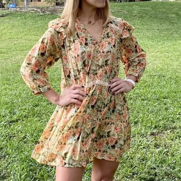 Zara Floral Print Puff Sleeve Lace Trim Tiered Mini Sundress Multi Womens Medium - Picture 1 of 6